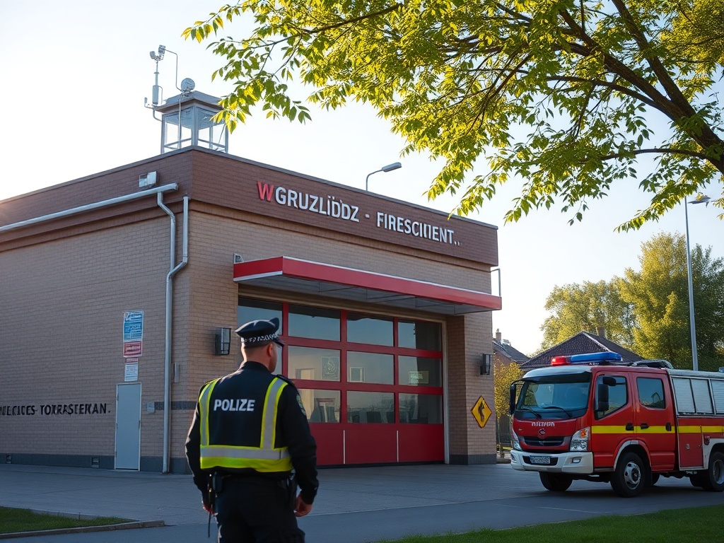 Ilustracja świąteczna symbolizująca Wielkanoc 2026 z elementami związanymi ze służbami ratowniczymi Grudziądza.